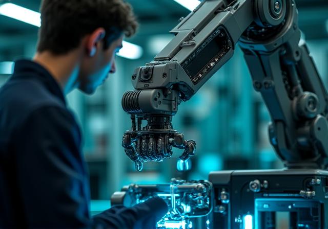 Braccio robotico collaborativo high-tech in un ambiente industriale moderno